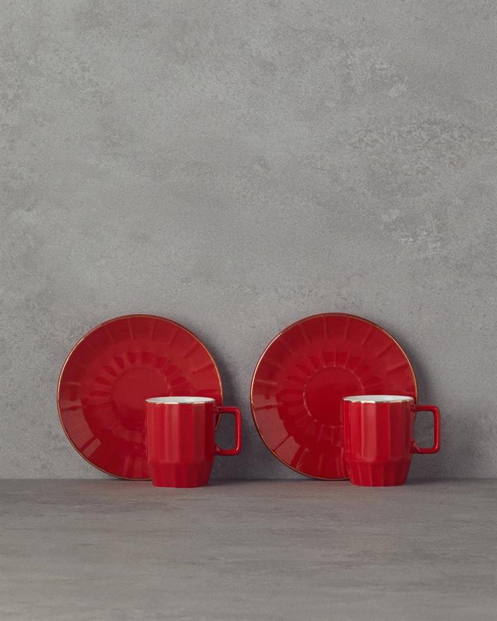 Set 2 cesti de cafea cu farfurioara, Angely, portelan, 80 ml, rosu