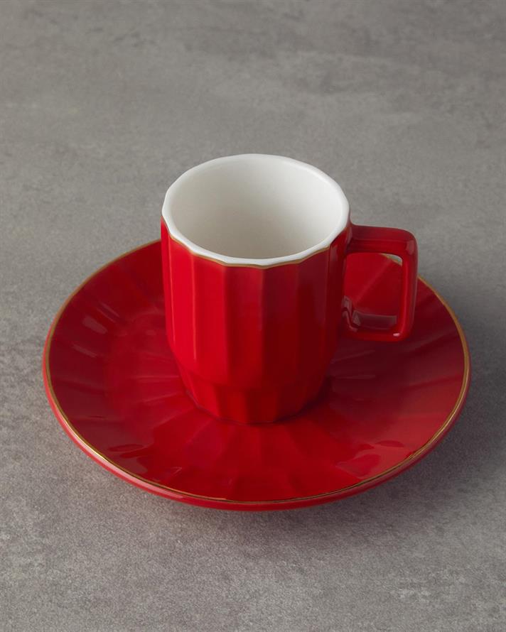 Set 2 cesti de cafea cu farfurioara, Angely, portelan, 80 ml, rosu