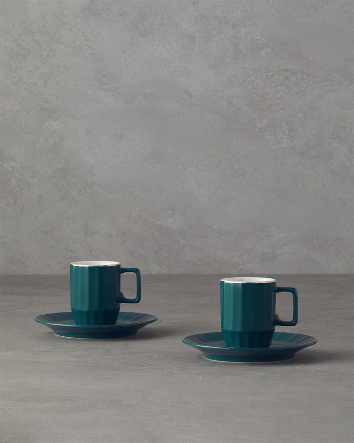 Set 2 cesti de cafea cu farfurioara, Angely, portelan, 80 ml, verde