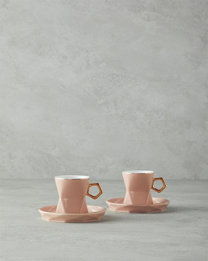 Set 2 cesti de cafea cu farfurioara, Axel, portelan, 90 ml, roz pudra