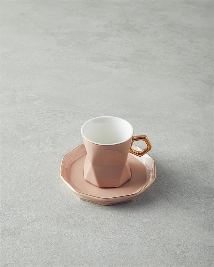 Set 2 cesti de cafea cu farfurioara, Axel, portelan, 90 ml, roz pudra