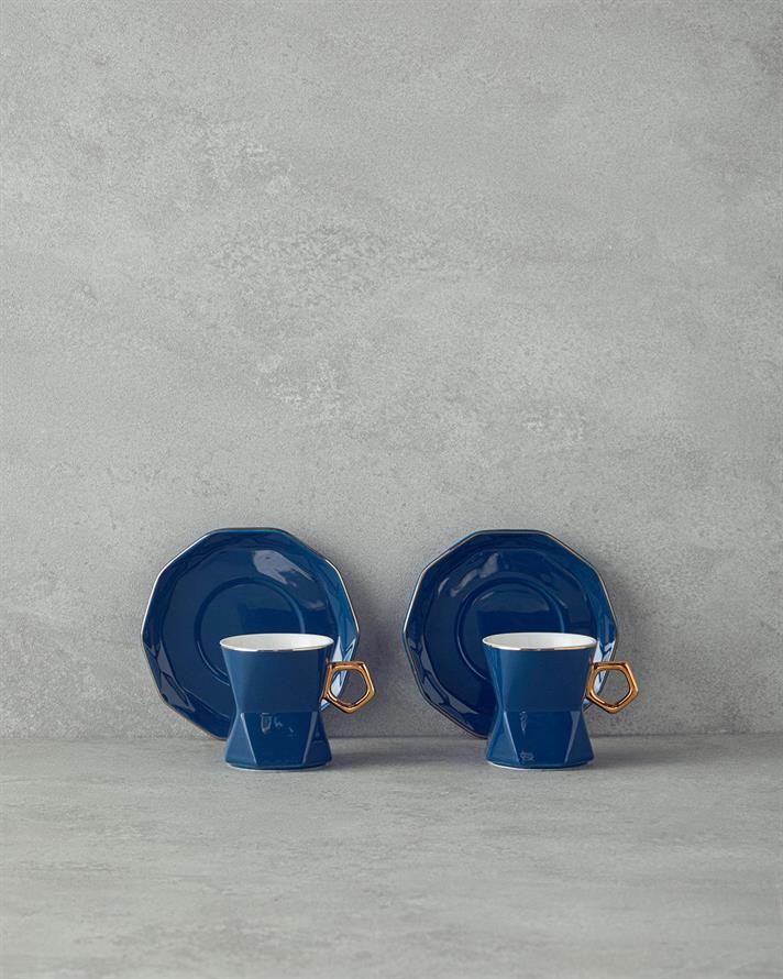 Set 2 cesti de cafea cu farfurioara, Axel, portelan, 90 ml, albastru