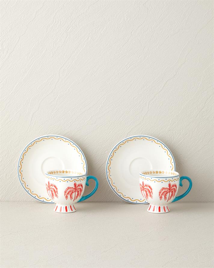 Set 2 cesti de cafea cu farfurioara, Carnival Tree, portelan, 100 ml, albastru