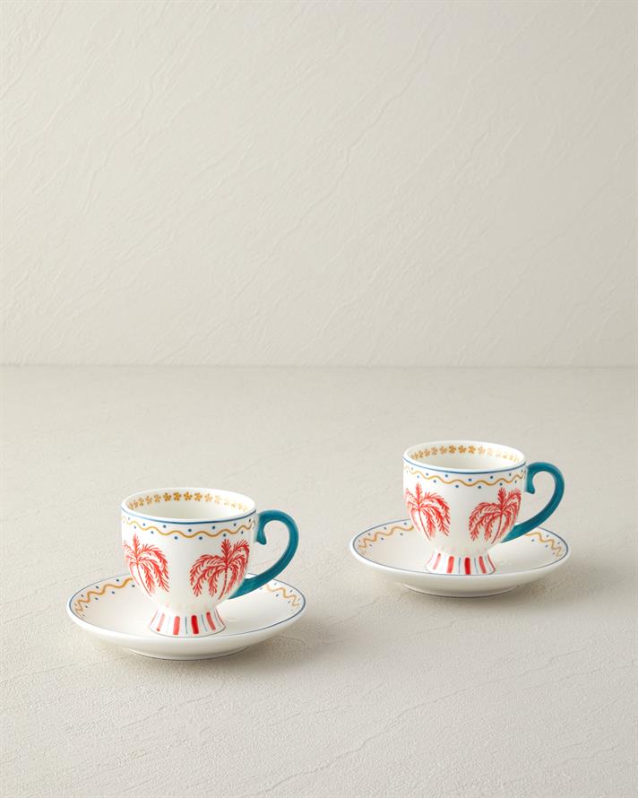 Set 2 cesti de cafea cu farfurioara, Carnival Tree, portelan, 100 ml, albastru