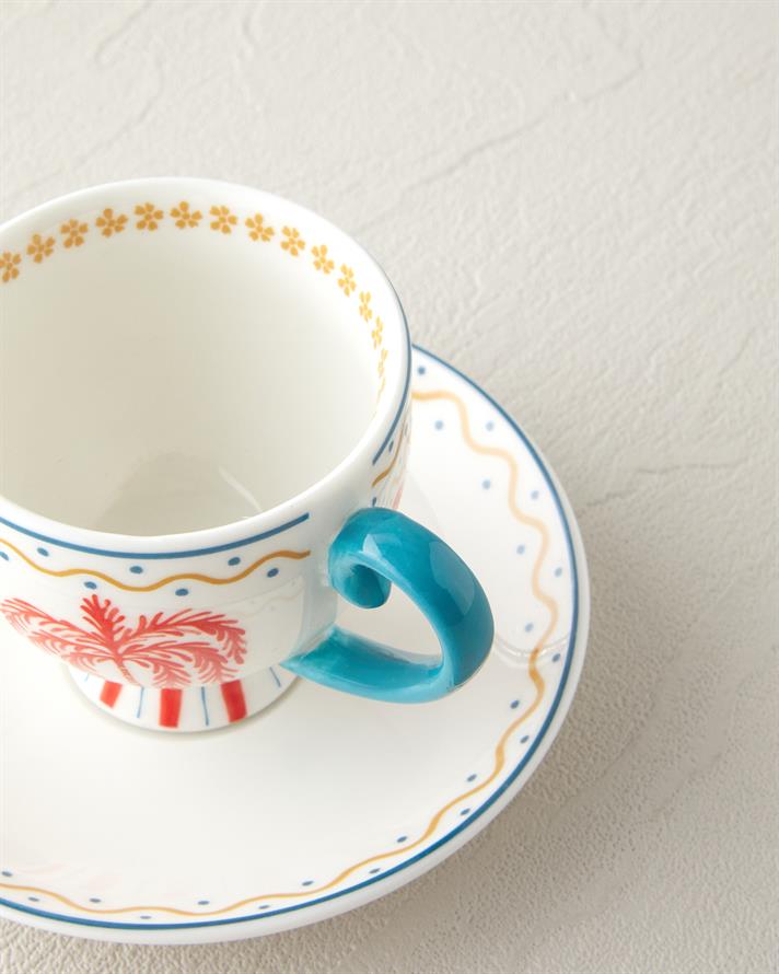 Set 2 cesti de cafea cu farfurioara, Carnival Tree, portelan, 100 ml, albastru