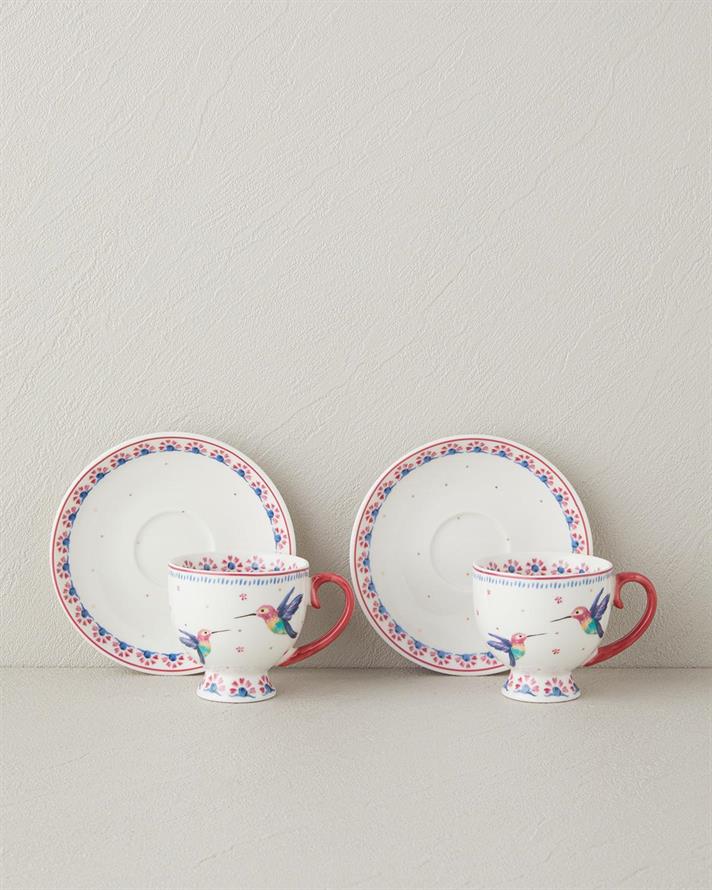 Set 2 cesti de cafea cu farfurioara, Carnival Sparrow, portelan, 100 ml, fuchsia