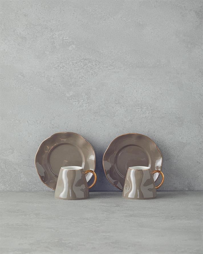 Set 2 cesti de cafea cu farfurioara, Felix, portelan, 90 ml, maro