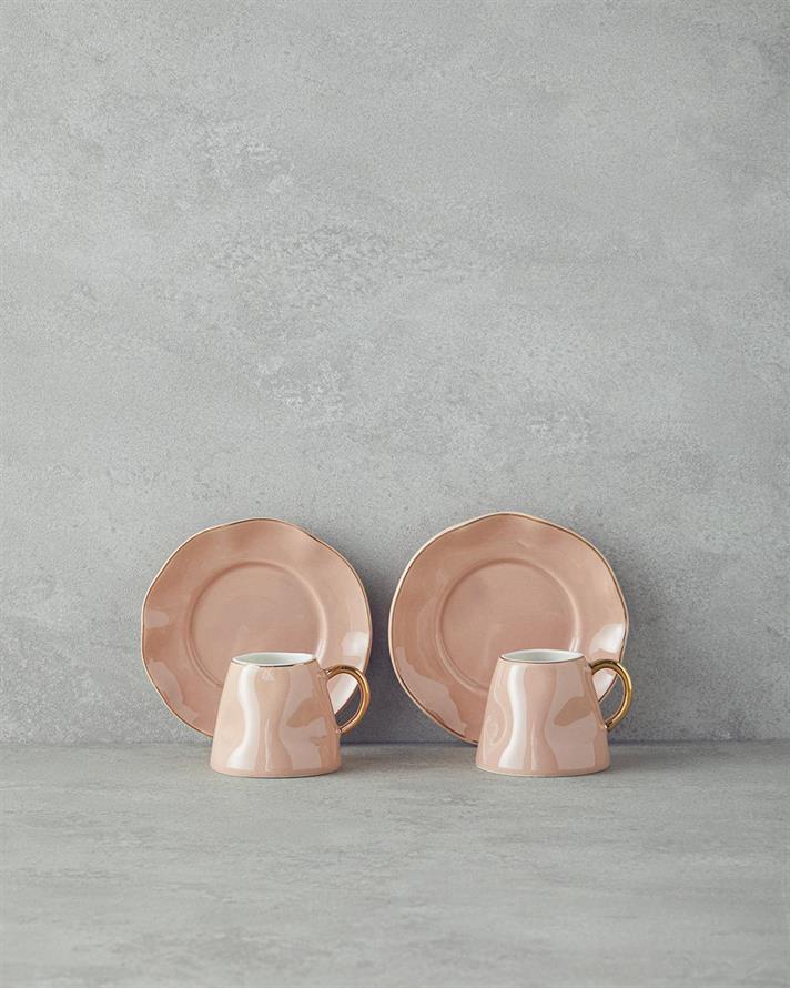 Set 2 cesti de cafea cu farfurioara, Felix, portelan, 90 ml, roz pudra