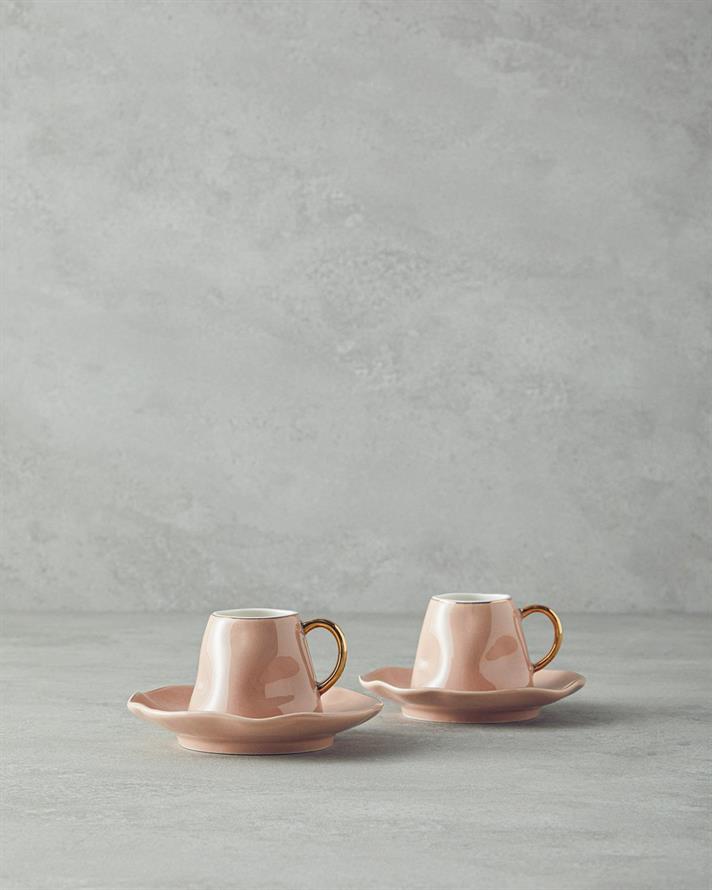 Set 2 cesti de cafea cu farfurioara, Felix, portelan, 90 ml, roz pudra