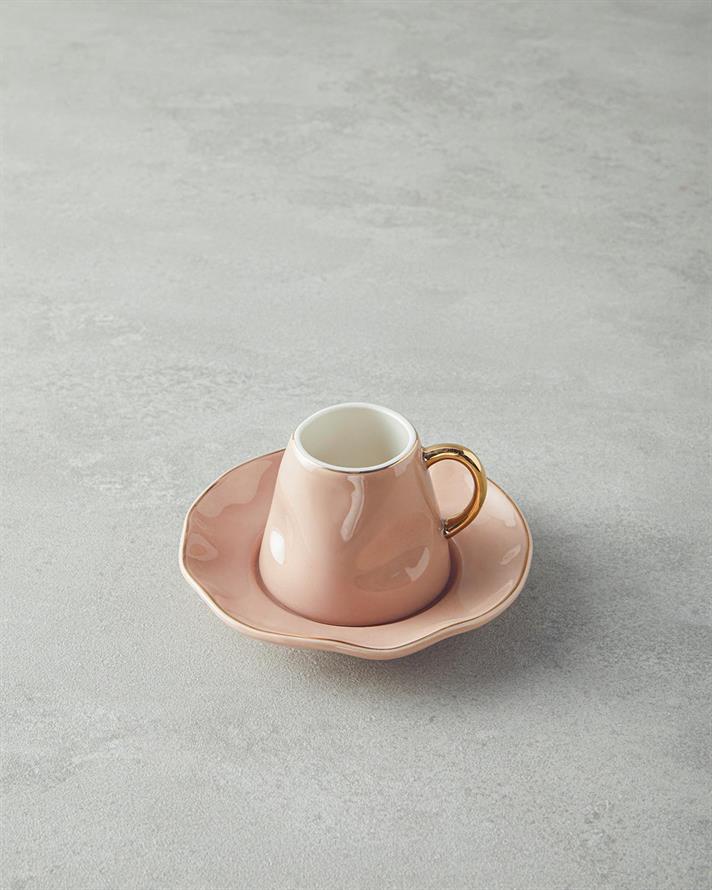 Set 2 cesti de cafea cu farfurioara, Felix, portelan, 90 ml, roz pudra