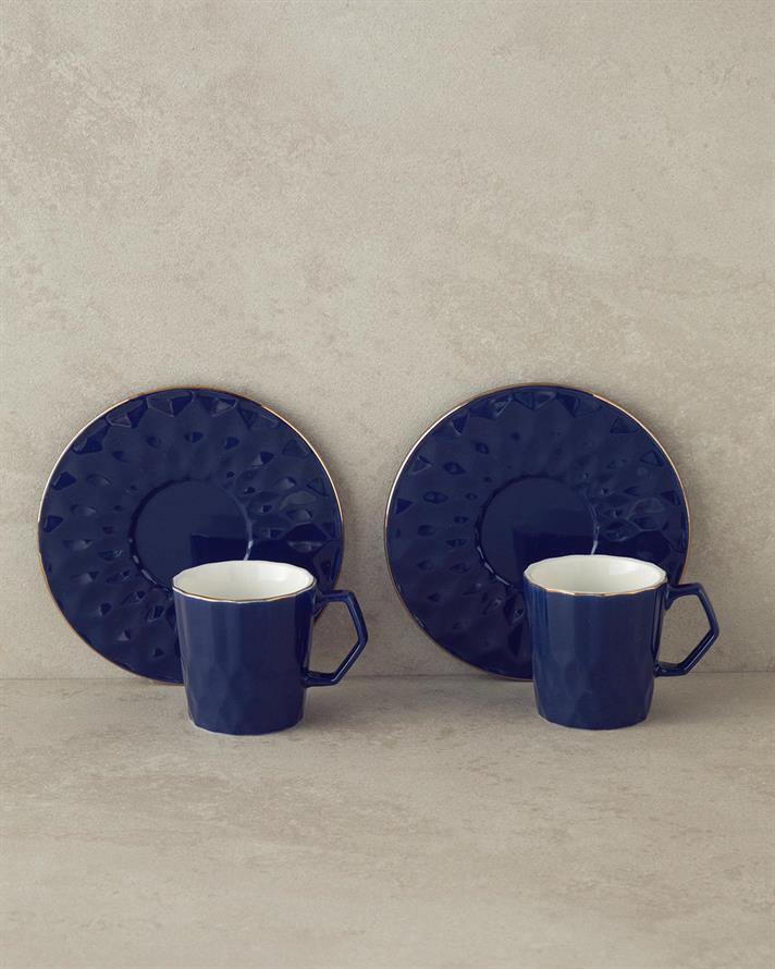 Set 2 cesti de cafea cu farfurioara, Hestia, portelan, 80 ml, albastru