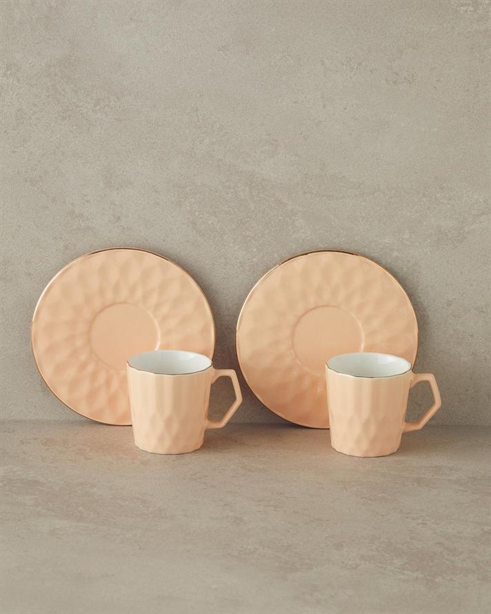 Set 2 cesti de cafea cu farfurioara, Hestia, portelan, 80 ml, roz somon