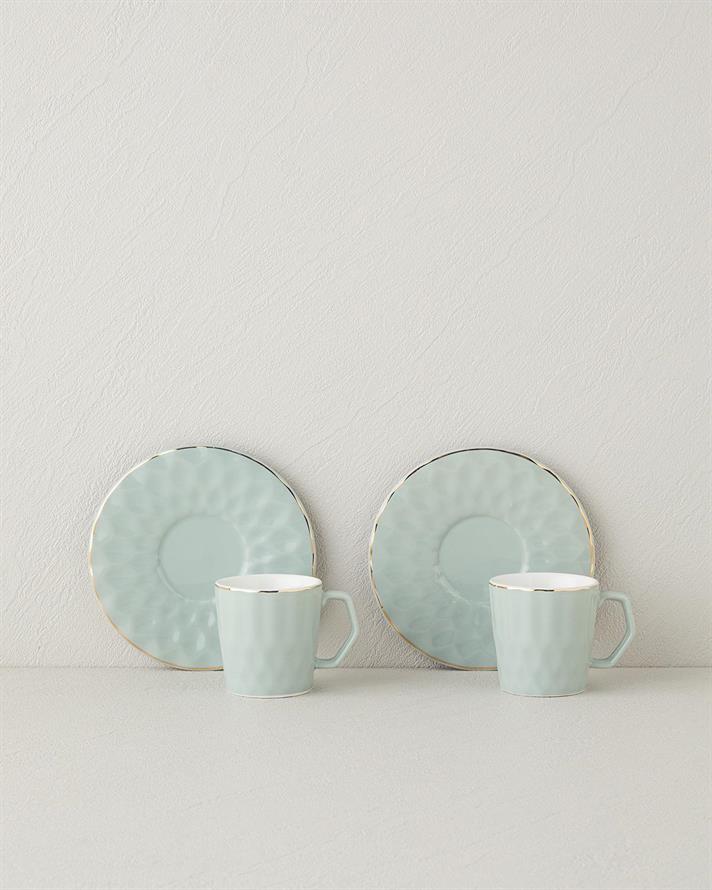 Set 2 cesti de cafea cu farfurioara, Hestia, portelan, 80 ml, verde