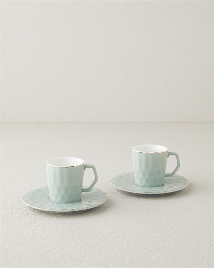 Set 2 cesti de cafea cu farfurioara, Hestia, portelan, 80 ml, verde