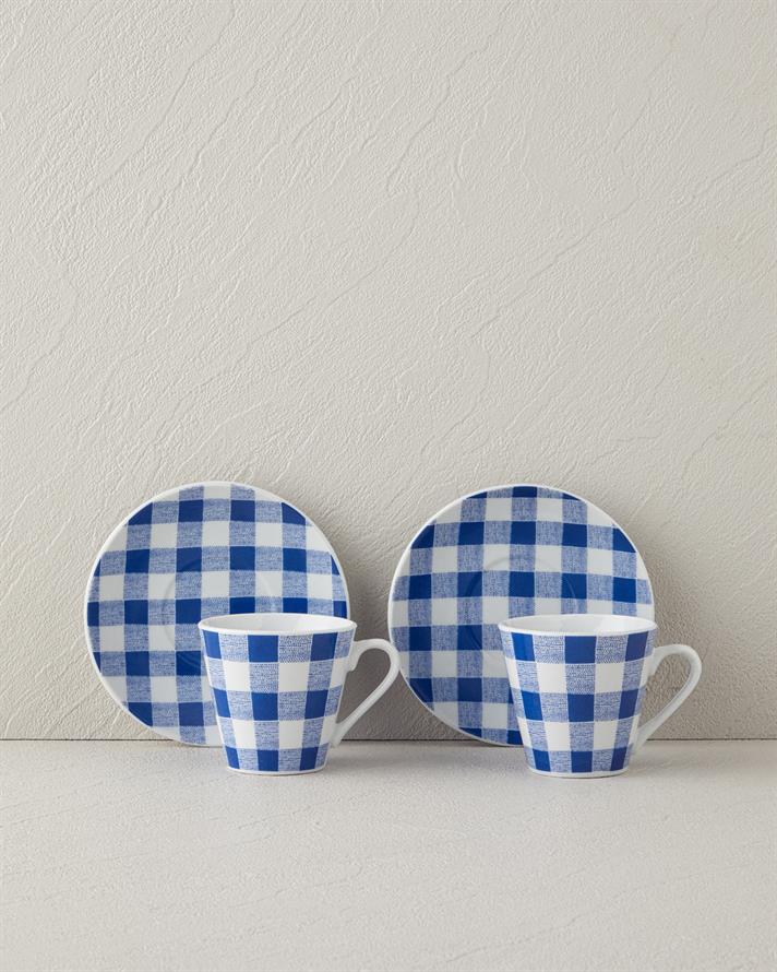 Set 2 cesti de cafea cu farfurioara, Helena, portelan, 80 ml, bleu