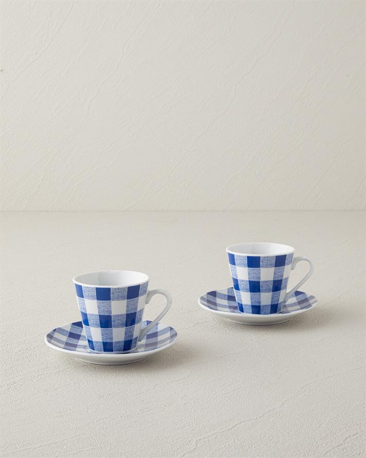 Set 2 cesti de cafea cu farfurioara, Helena, portelan, 80 ml, bleu