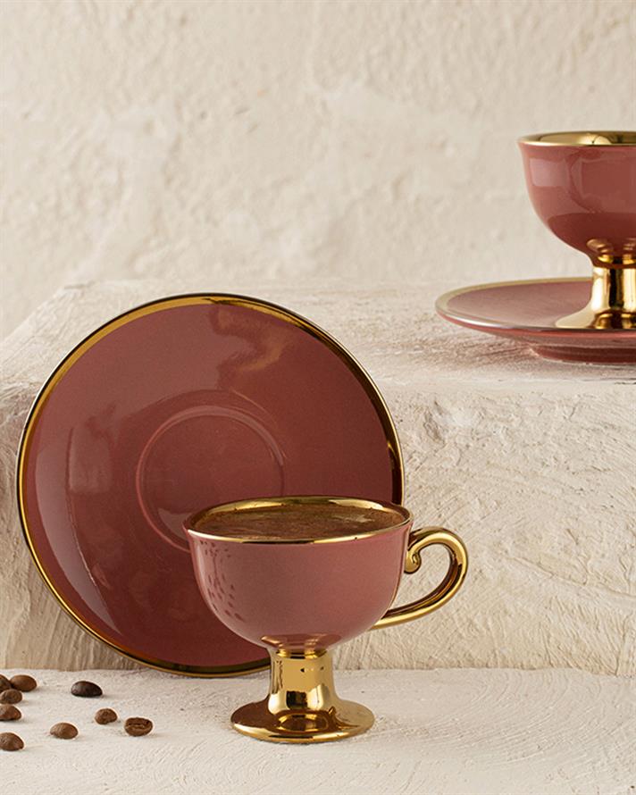 Set 2 cesti de cafea cu farfurioara, Lalia, portelan, 90 ml, roz inchis