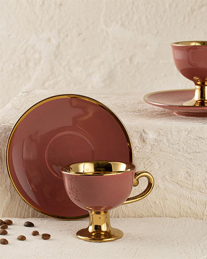 Set 2 cesti de cafea cu farfurioara, Lalia, portelan, 90 ml, roz inchis