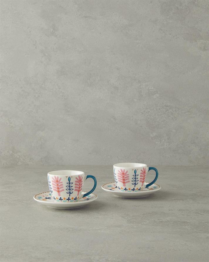 Set 2 cesti de cafea cu farfurioara, Love Adore, portelan, 90 ml, roz - bleu