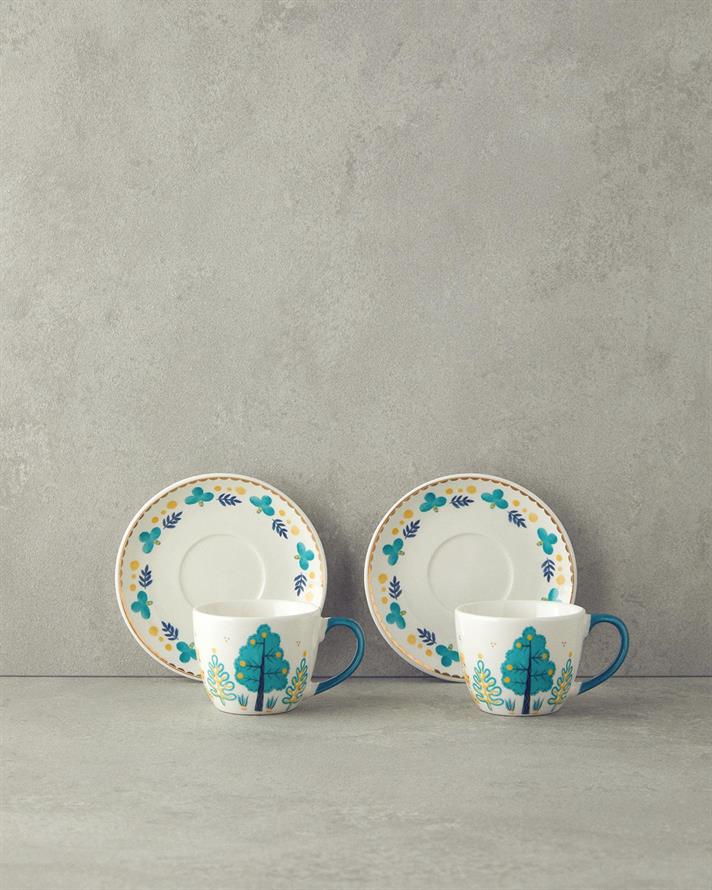 Set 2 cesti de cafea cu farfurioara, Love Jungle, portelan, 90 ml, verde