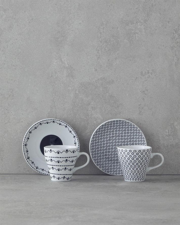 Set 2 cesti de cafea cu farfurioara, Margot, portelan, 80 ml, negru