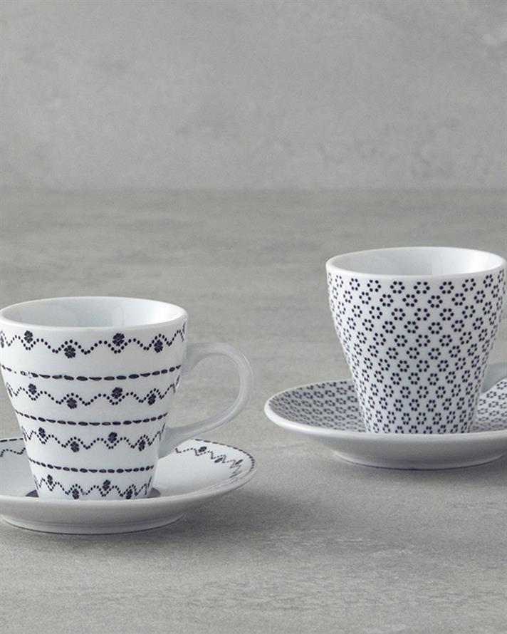 Set 2 cesti de cafea cu farfurioara, Margot, portelan, 80 ml, negru