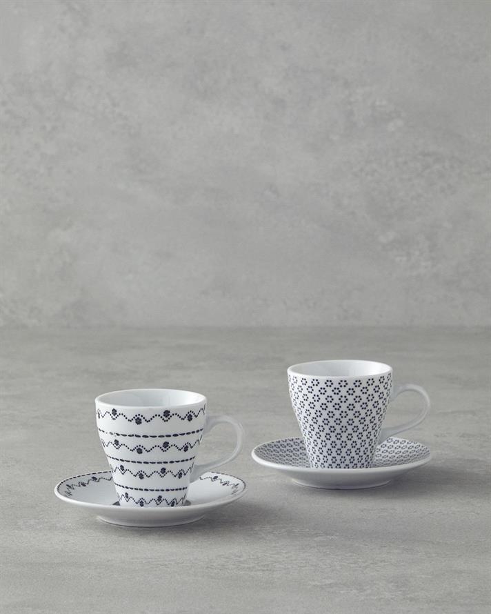 Set 2 cesti de cafea cu farfurioara, Margot, portelan, 80 ml, negru