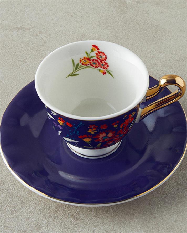 Set 2 cesti de cafea cu farfurioara, Miranda, portelan, 90 ml, albastru