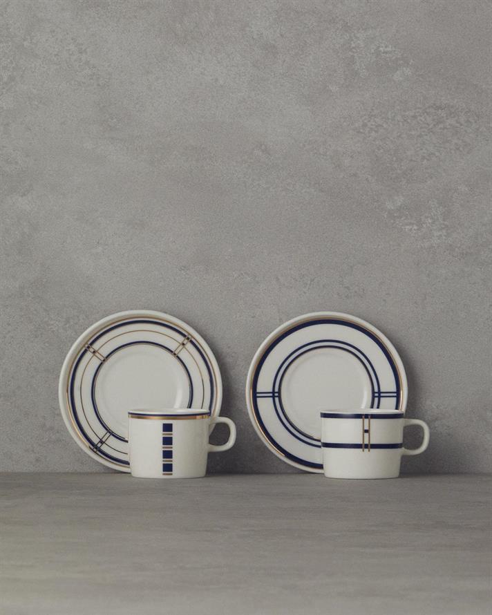 Set 2 cesti de cafea cu farfurioara, Nuance, portelan, 90 ml, albastru