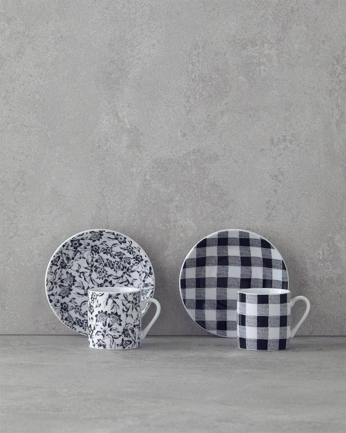 Set 2 cesti de cafea cu farfurioara, Peggy, portelan, 80 ml, negru