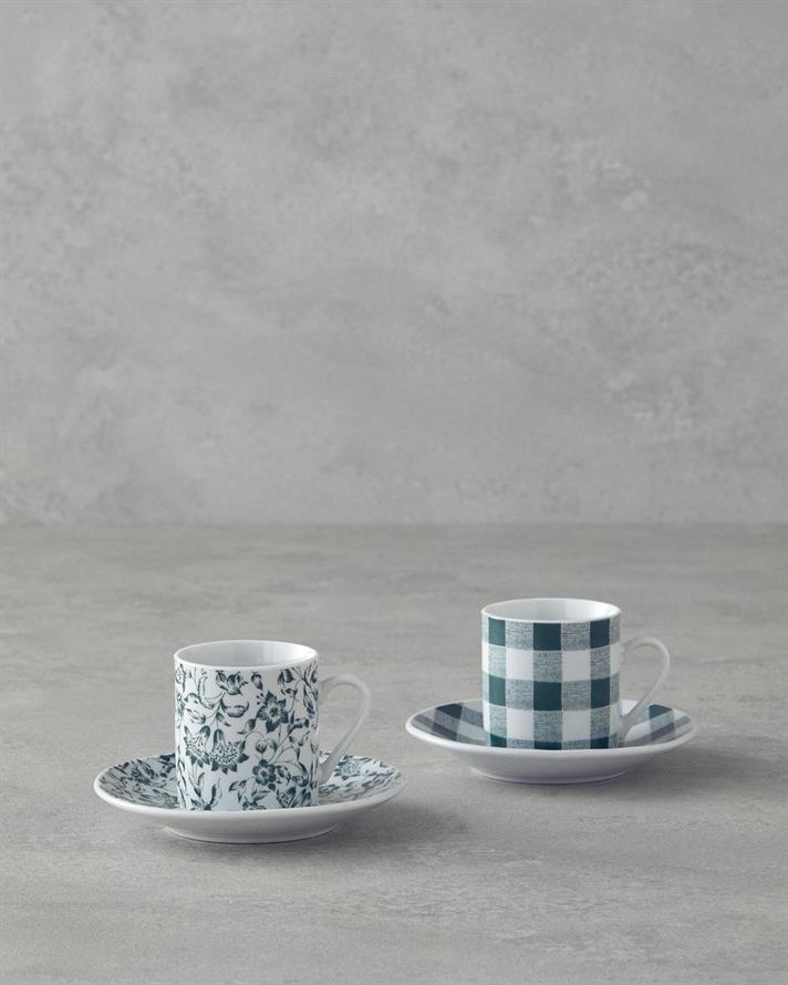 Set 2 cesti de cafea cu farfurioara, Peggy, portelan, 80 ml, verde