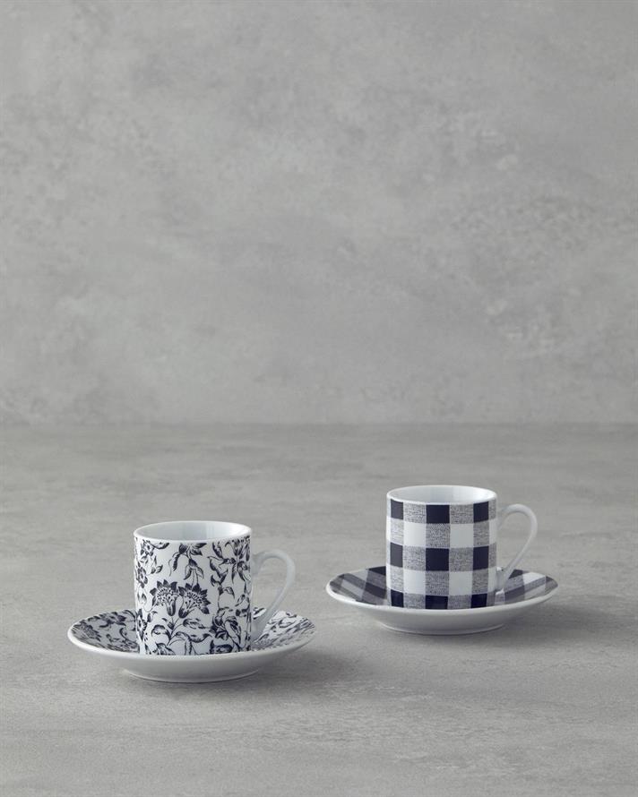 Set 2 cesti de cafea cu farfurioara, Peggy, portelan, 80 ml, negru