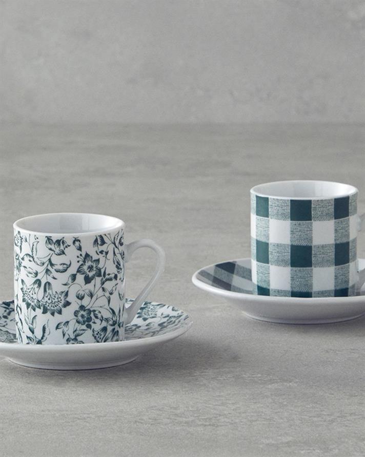 Set 2 cesti de cafea cu farfurioara, Peggy, portelan, 80 ml, verde