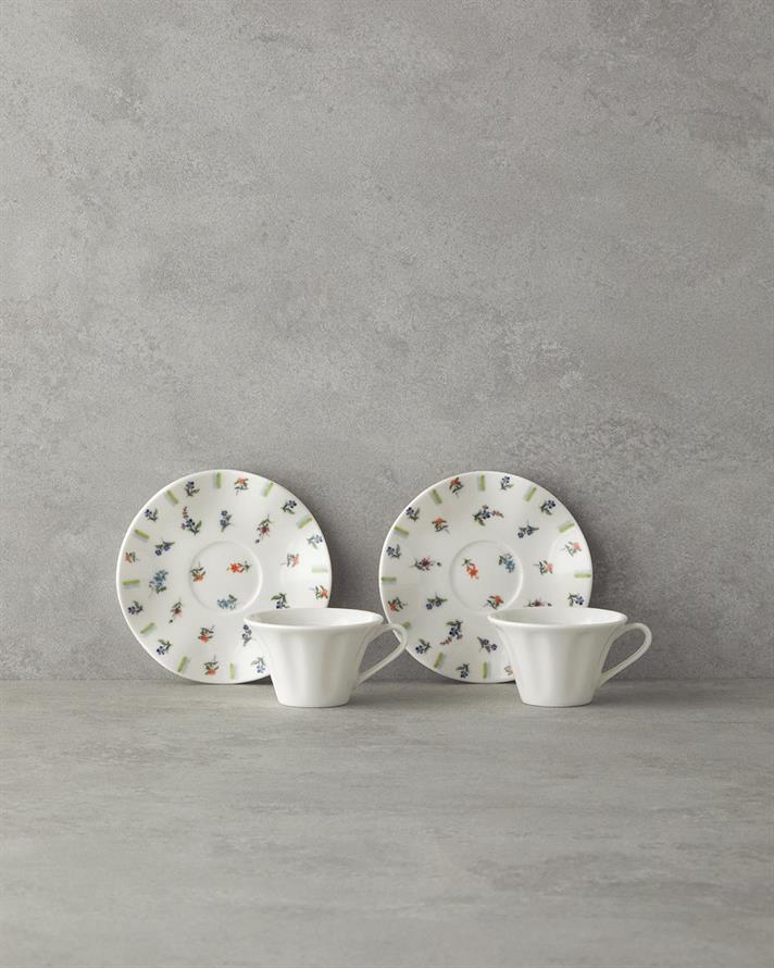 Set 2 cesti de cafea cu farfurioara, Pleasant, portelan, 90 ml, verde-bleu