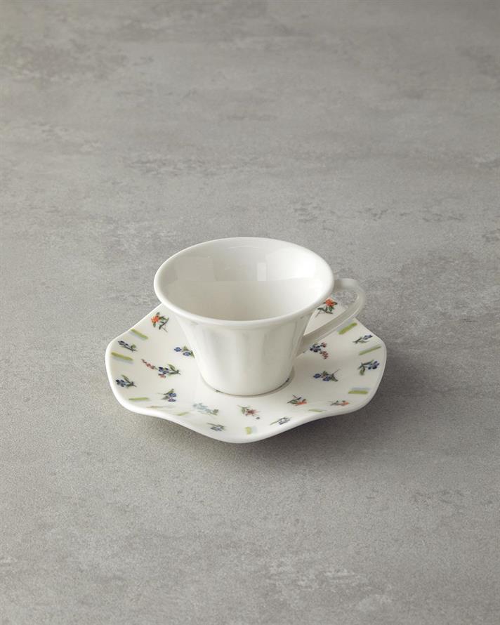 Set 2 cesti de cafea cu farfurioara, Pleasant, portelan, 90 ml, verde-bleu