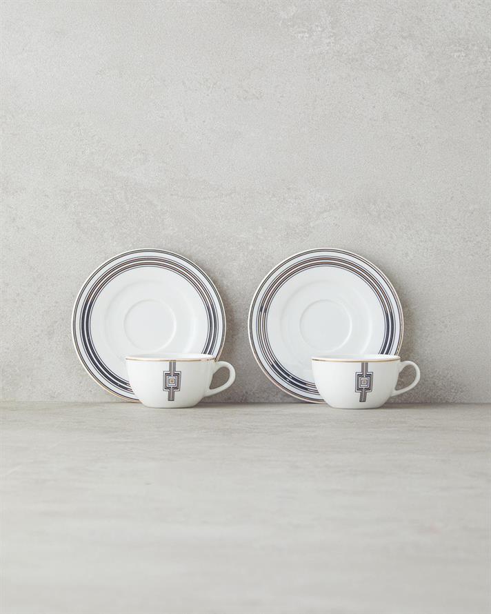 Set 2 cesti de cafea cu farfurioara, Prudence, portelan, 90 ml, negru