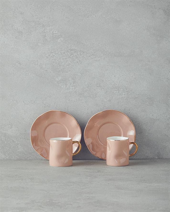 Set 2 cesti de cafea cu farfurioara, Rolly, portelan, 90 ml, roz pudra