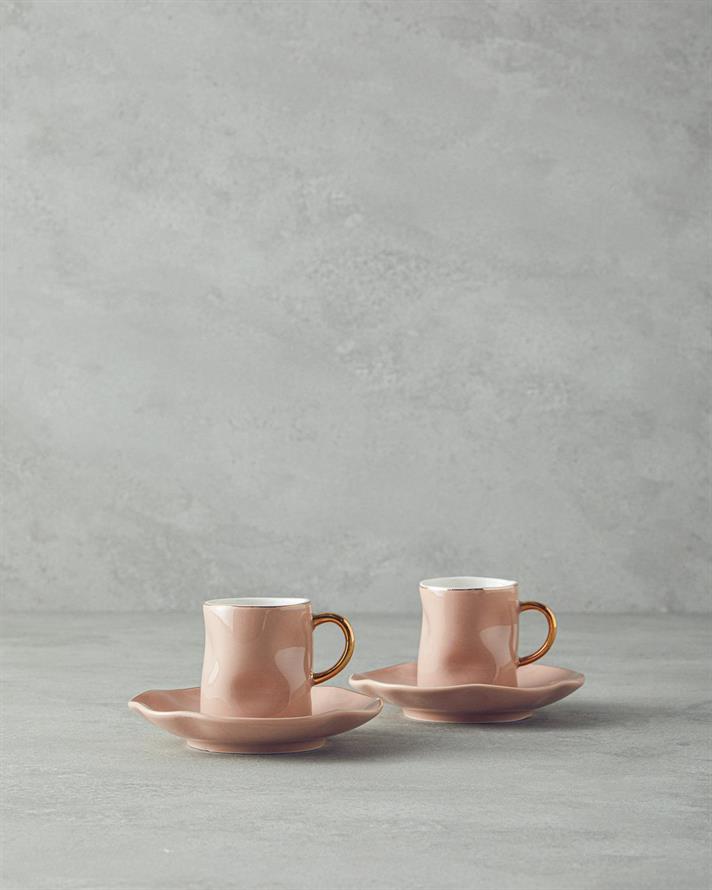 Set 2 cesti de cafea cu farfurioara, Rolly, portelan, 90 ml, roz pudra