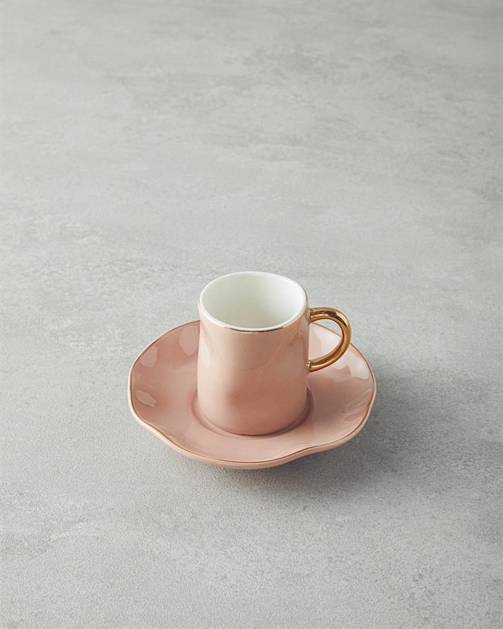 Set 2 cesti de cafea cu farfurioara, Rolly, portelan, 90 ml, roz pudra