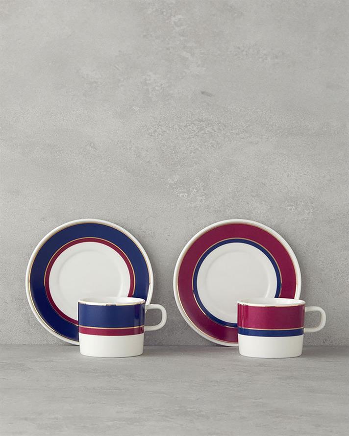 Set 2 cesti de ceai cu farfurioara, Carny, portelan, 200 ml, fuchsia-albastru