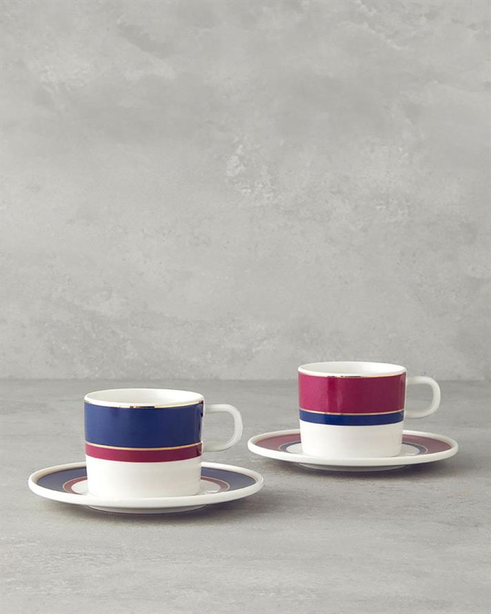 Set 2 cesti de ceai cu farfurioara, Carny, portelan, 200 ml, fuchsia-albastru