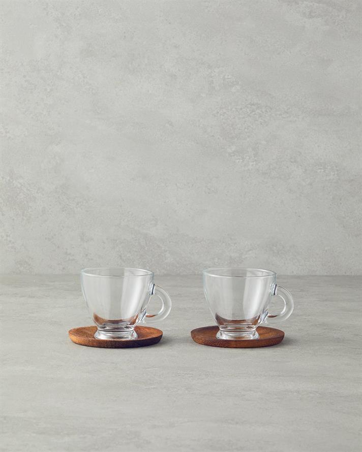 Set 2 cesti de ceai cu farfurioara din lemn, Miya, sticla, 255 ml, transparent