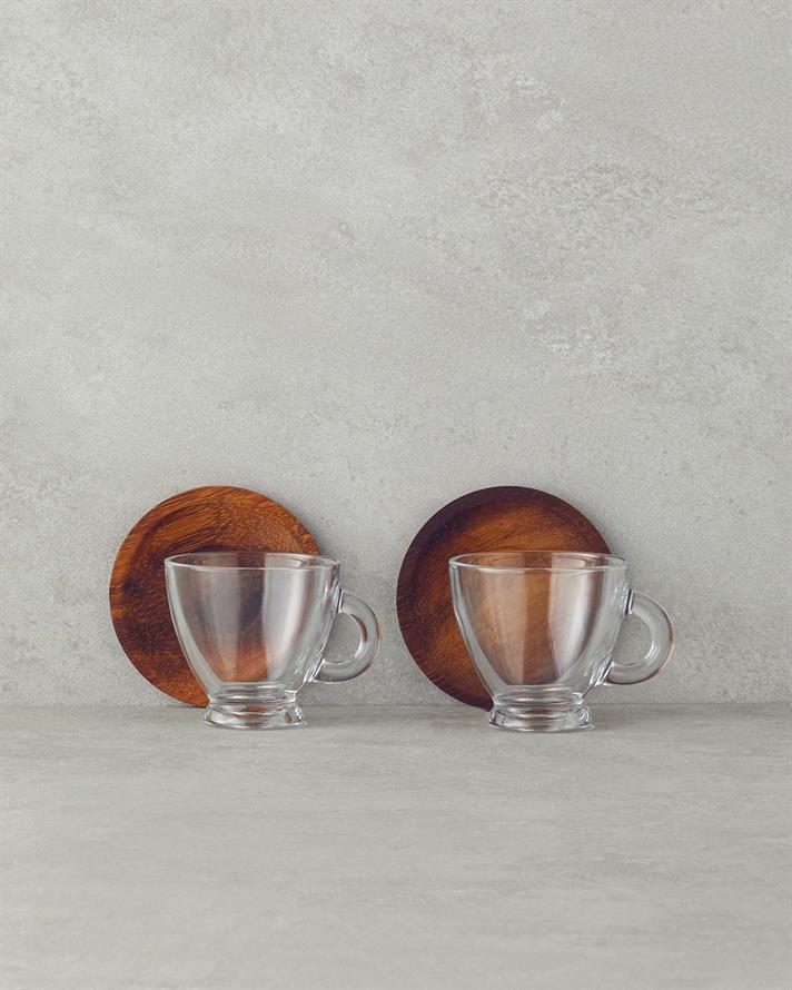 Set 2 cesti de ceai cu farfurioara din lemn, Miya, sticla, 255 ml, transparent