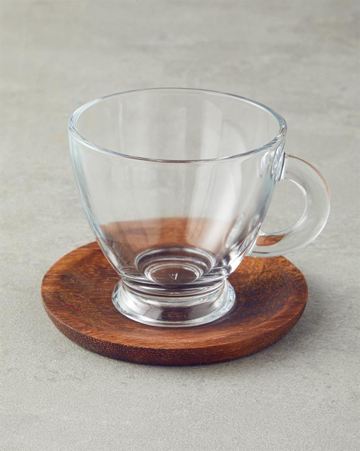 Set 2 cesti de ceai cu farfurioara din lemn, Miya, sticla, 255 ml, transparent