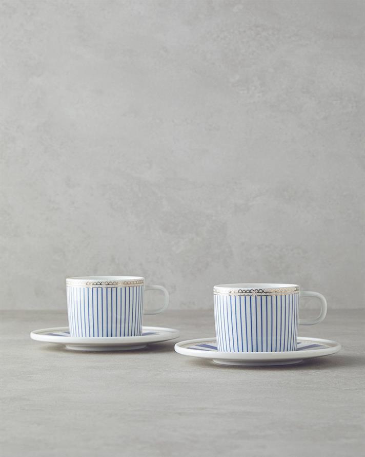 Set 2 cesti de ceai cu farfurioara, Effect, portelan, 200 ml, albastru