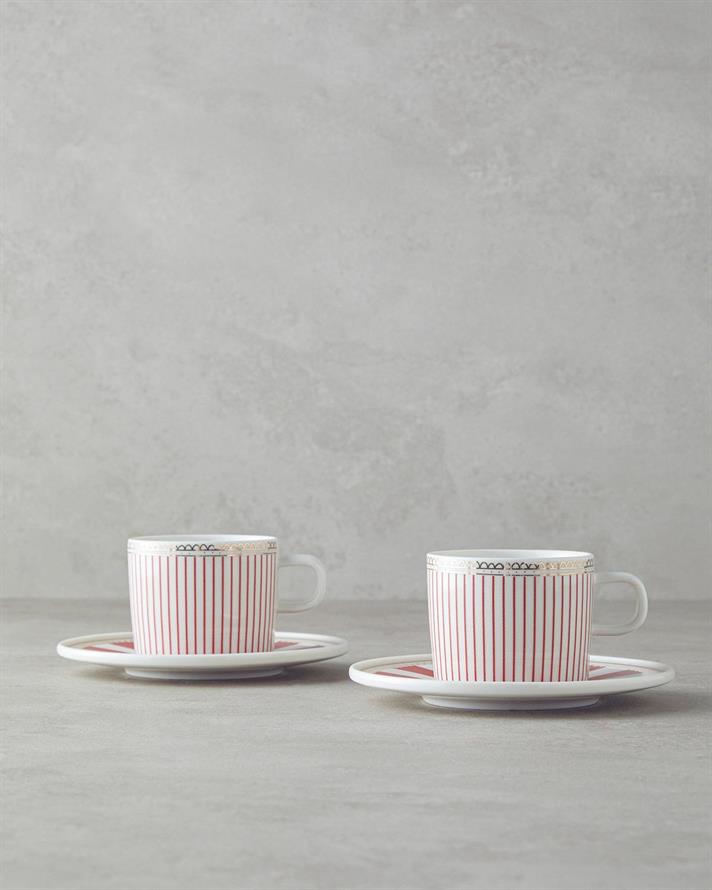 Set 2 cesti de ceai cu farfurioara, Effect, portelan, 200 ml, rosu