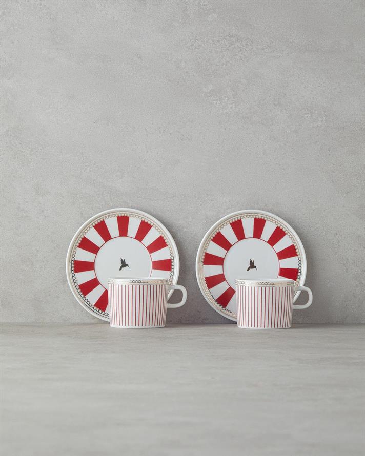 Set 2 cesti de ceai cu farfurioara, Effect, portelan, 200 ml, rosu