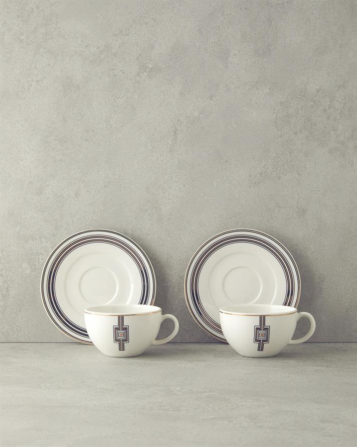 Set 2 cesti de ceai cu farfurioara, Prudence, portelan, 210 ml, negru