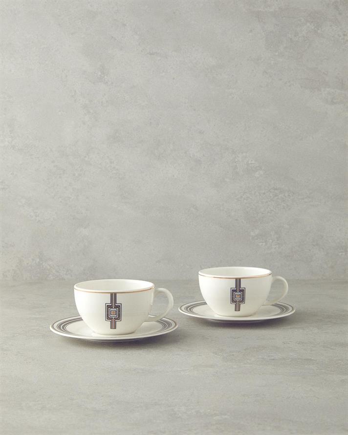 Set 2 cesti de ceai cu farfurioara, Prudence, portelan, 210 ml, negru