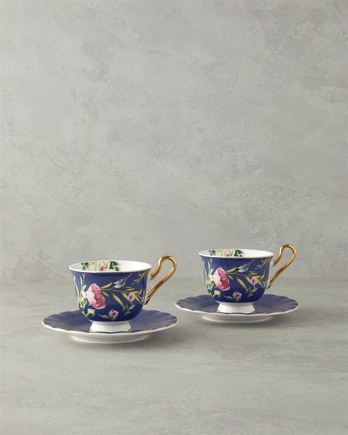 Set 2 cesti de ceai cu farfurioara, Vanilla, portelan, 220 ml, albastru